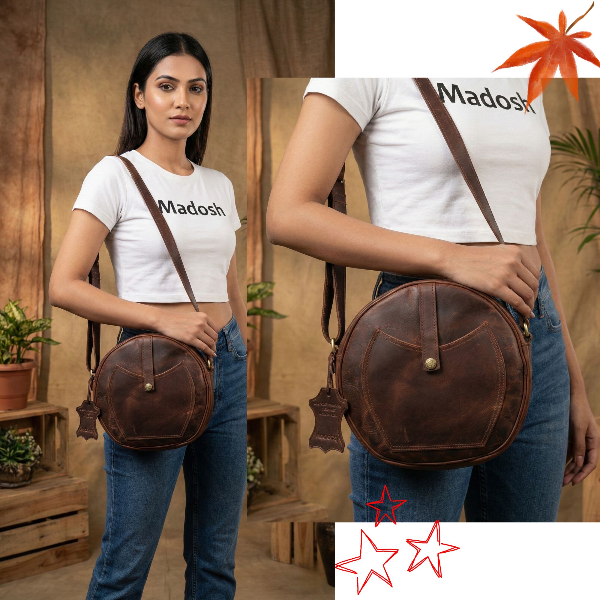 Crossbody Purse Buffalo Leather Hobo Women Semi Circle Zipper Brown Bag